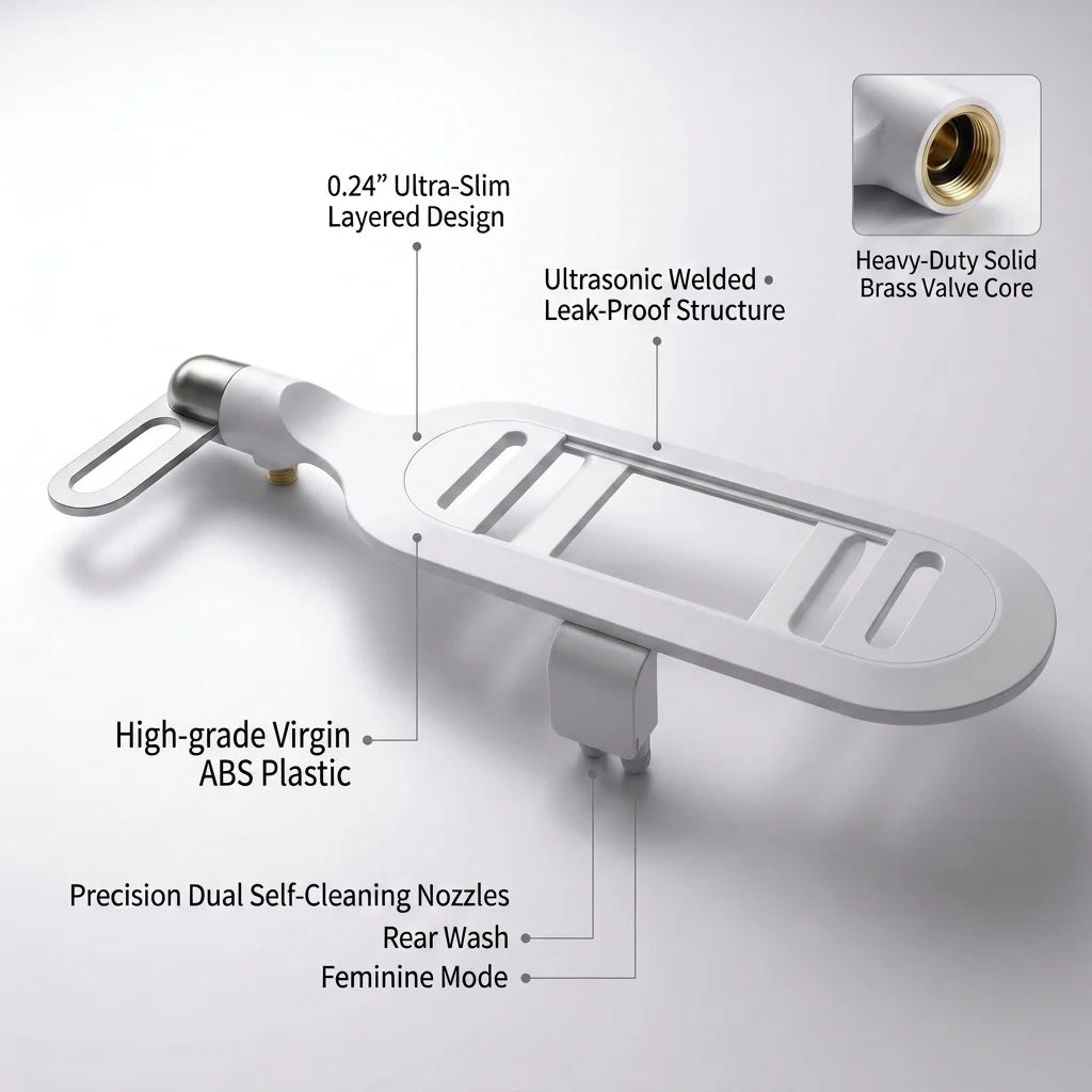 Close-up of CleanRest dual nozzle bidet attachment showing adjustable pressure knob, slim profile, and water inlet connector