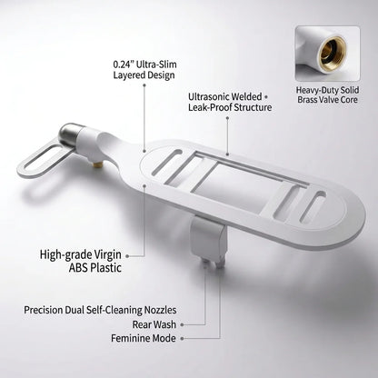 Close-up of CleanRest dual nozzle bidet attachment showing adjustable pressure knob, slim profile, and water inlet connector