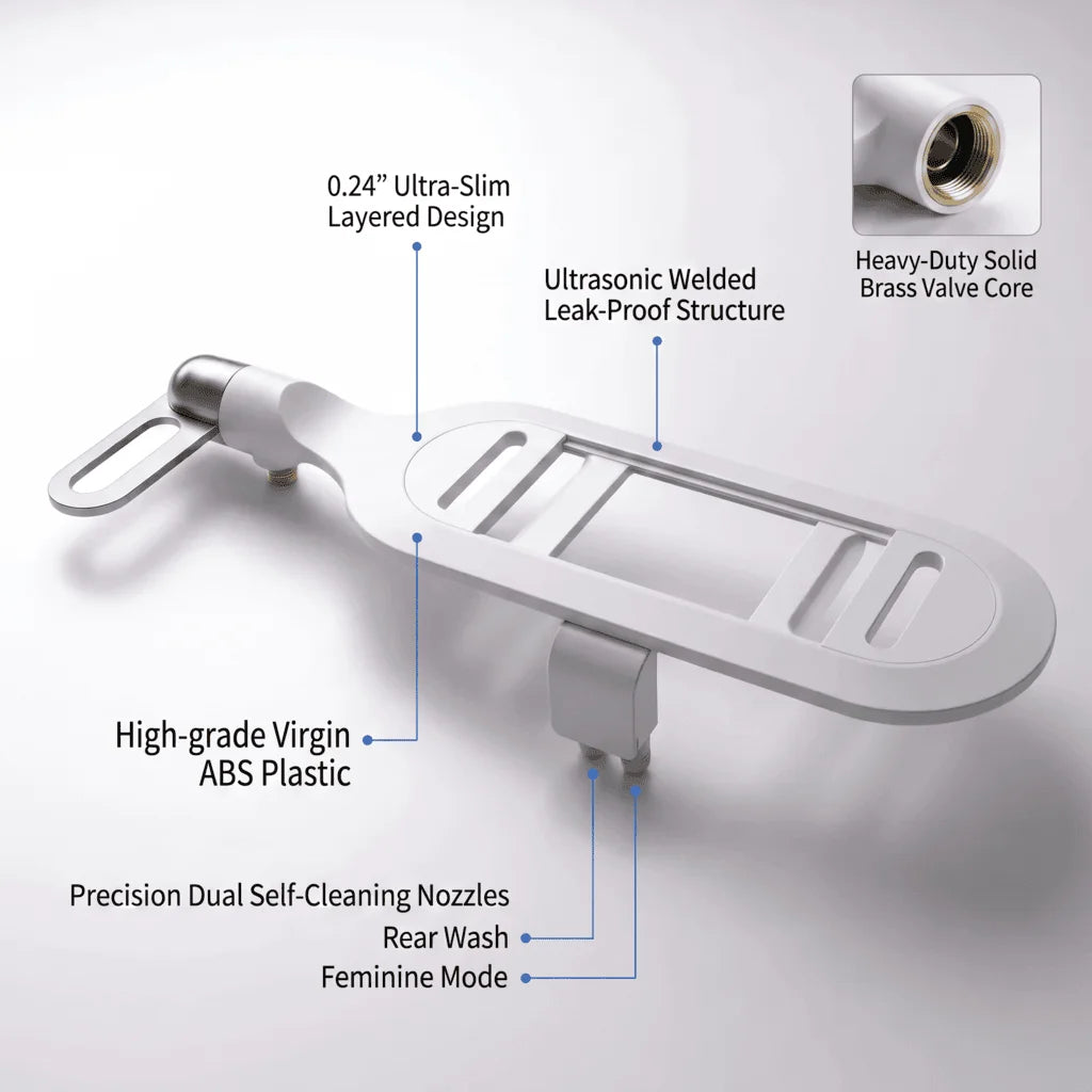 Close-up of the CleanRest Duo ultra-slim bidet attachment highlighting its brass valve core, leak-proof structure, and precision dual self-cleaning nozzles.
