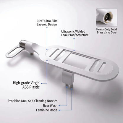 Close-up of the CleanRest Duo ultra-slim bidet attachment highlighting its brass valve core, leak-proof structure, and precision dual self-cleaning nozzles.