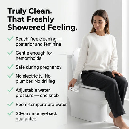 CleanRest bidet attachment benefits including no electricity, no plumber, dual nozzle cleaning, and adjustable water pressure