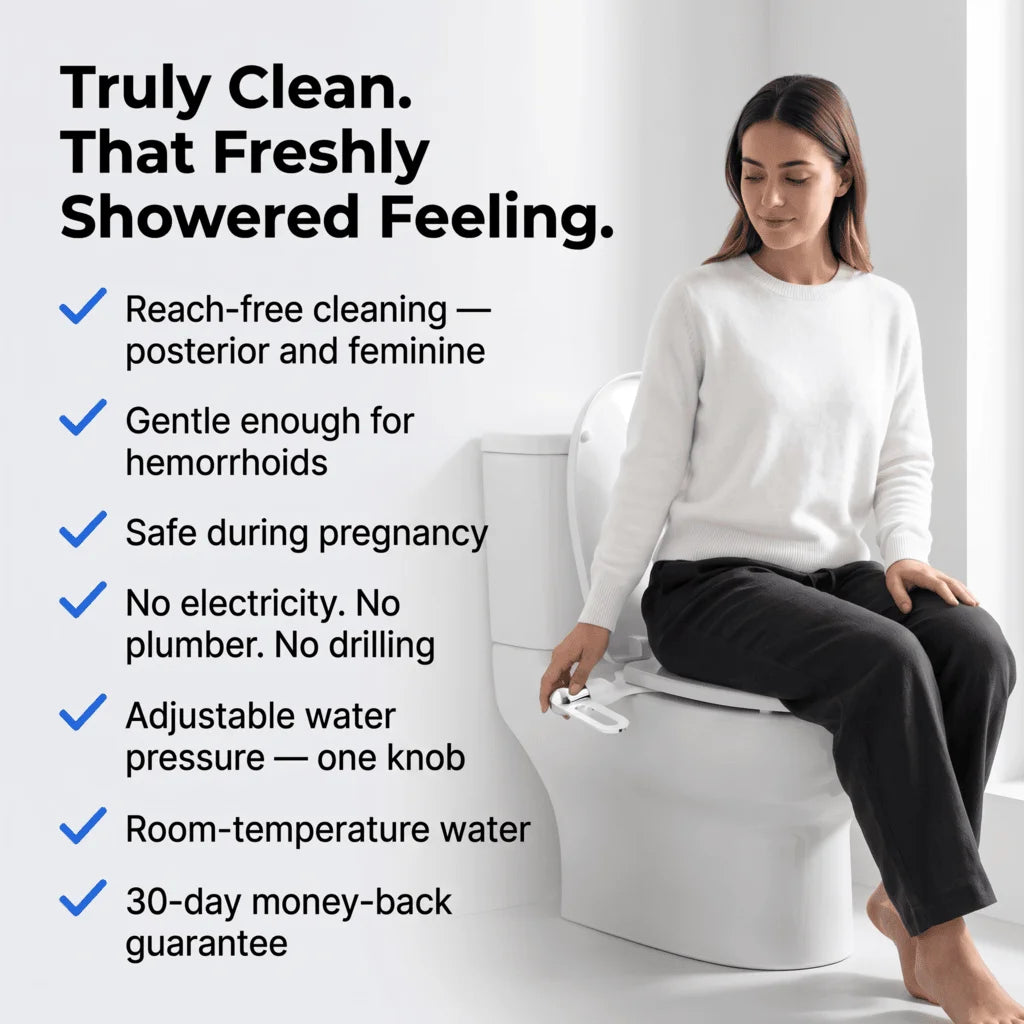 Woman easily operating the CleanRest Duo bidet attachment on a toilet, highlighting key benefits including reach-free feminine cleaning, pregnancy safety, and gentle hemorrhoid relief.