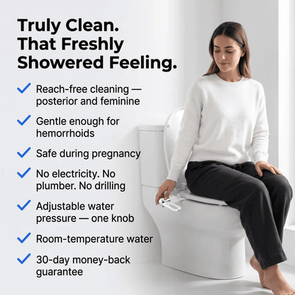 Woman easily operating the CleanRest Duo bidet attachment on a toilet, highlighting key benefits including reach-free feminine cleaning, pregnancy safety, and gentle hemorrhoid relief.
