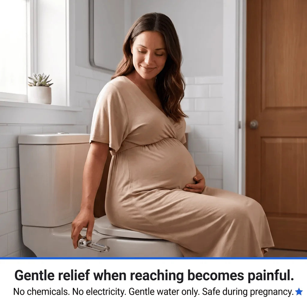 Pregnant woman in her third trimester comfortably using the CleanRest Duo bidet attachment, highlighting safe, gentle relief when reaching is painful.