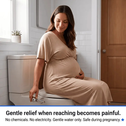 Pregnant woman in her third trimester comfortably using the CleanRest Duo bidet attachment, highlighting safe, gentle relief when reaching is painful.