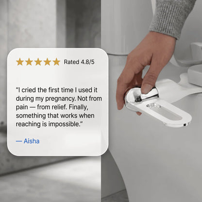 Close-up of a hand adjusting the CleanRest Duo bidet knob, featuring a 5-star customer review from a pregnant woman experiencing relief when reaching is impossible.