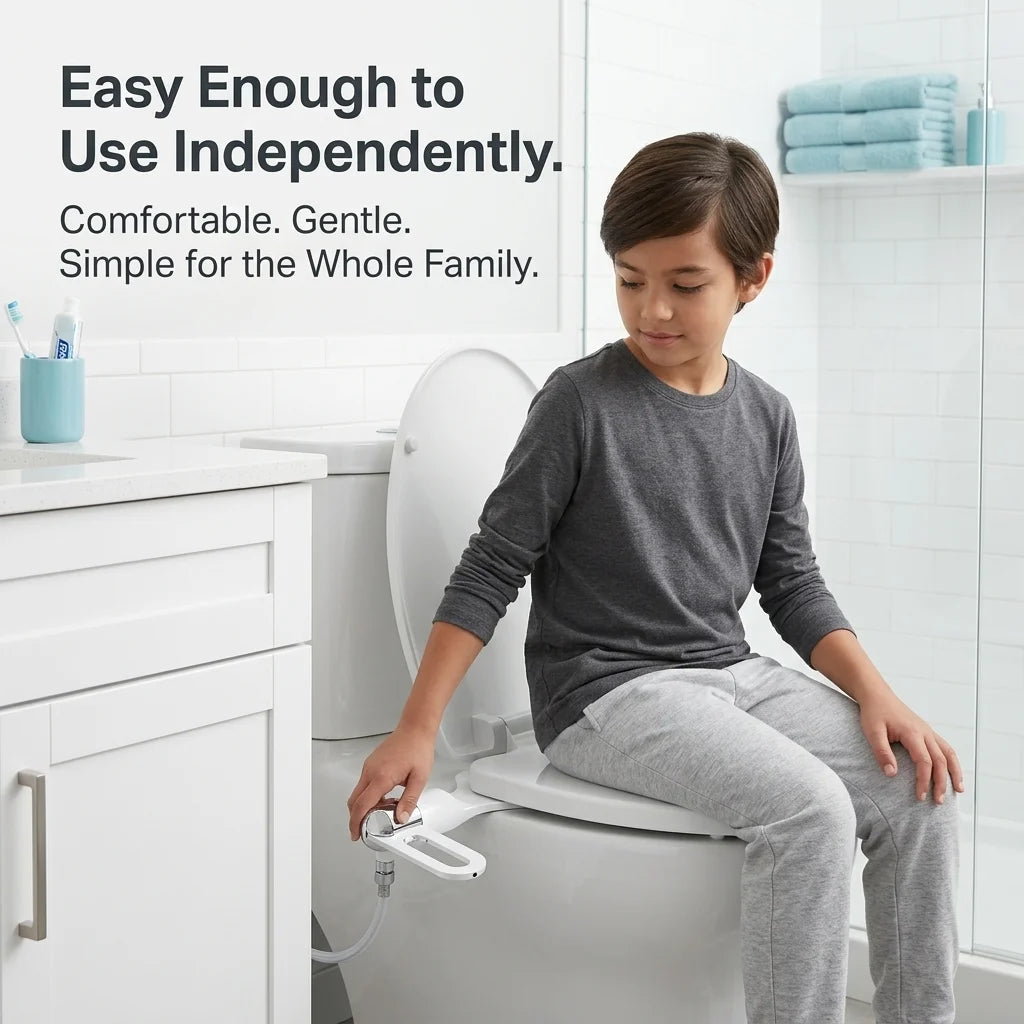 Child in a clean home bathroom experiencing the difference between toilet paper and water-based cleaning with CleanRest