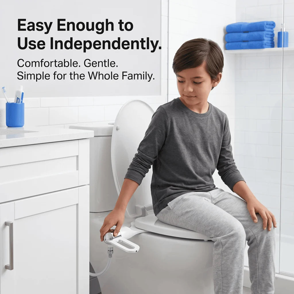 Young boy easily operating the CleanRest Duo bidet attachment, highlighting its comfortable, gentle, and independent use for kids and the whole family.