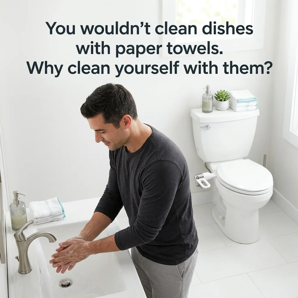 A man in a bathroom washes his hands at a sink, with text overlay reading 'You wouldn't clean dishes with paper towels. Why clean yourself with them?' A toilet and small countertop accessories are visible in the background.