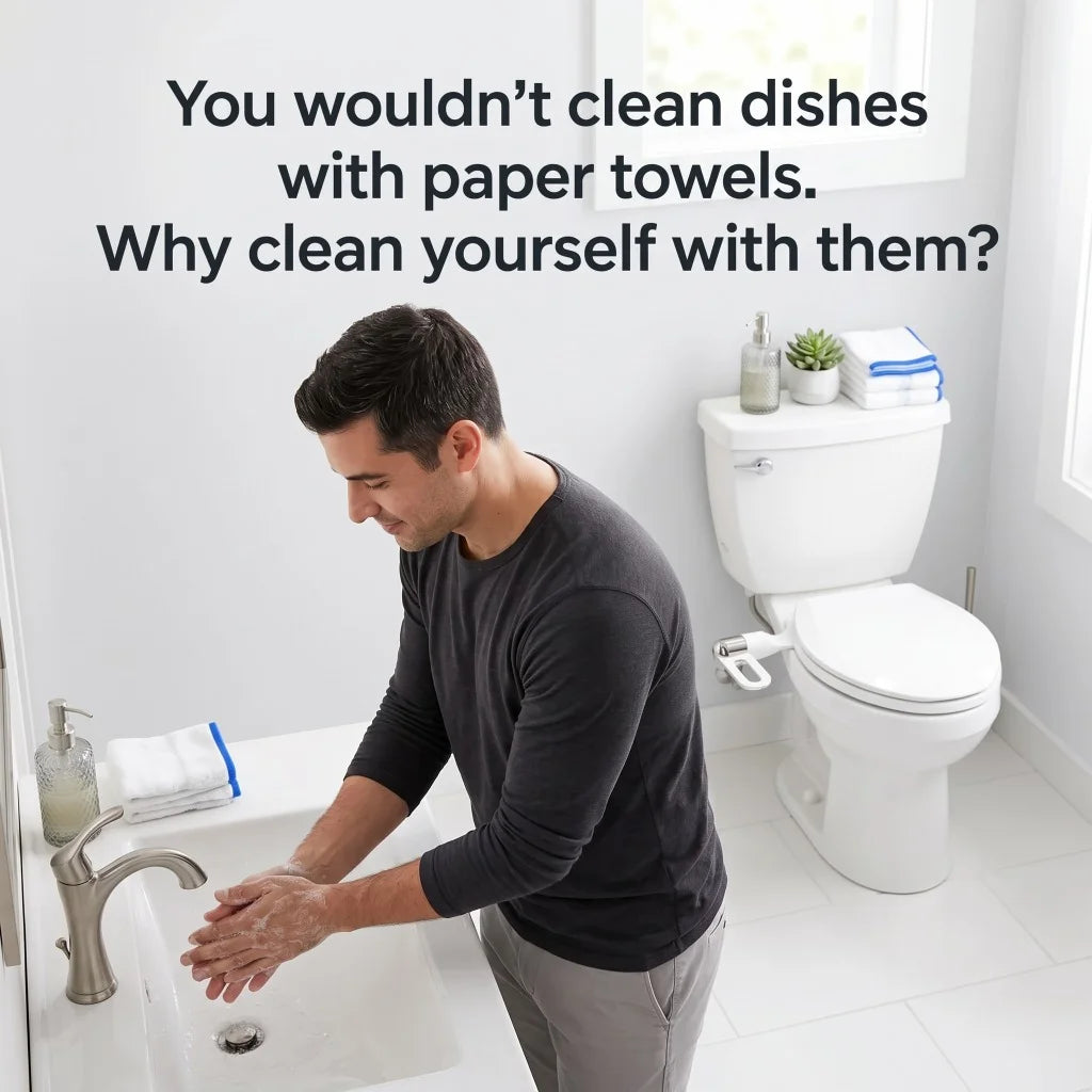Man washing hands in a bathroom with a CleanRest Duo bidet on the toilet, with text comparing using toilet paper to cleaning dishes with paper towels.