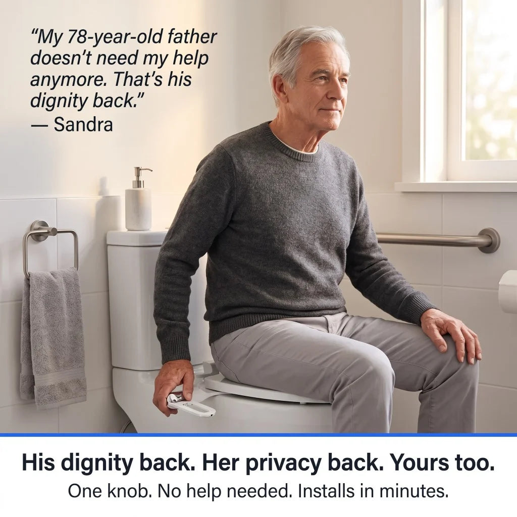 Elderly man independently using the CleanRest Duo bidet attachment, featuring a testimonial about restoring dignity and privacy for seniors.