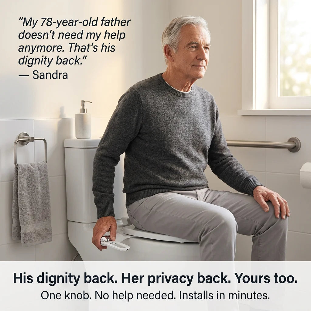 Senior maintaining bathroom independence and dignity at home using the CleanRest non-electric bidet attachment