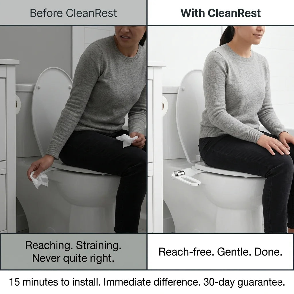Before and after comparison of a person using a toilet with CleanRest, showing ease of use and comfort.