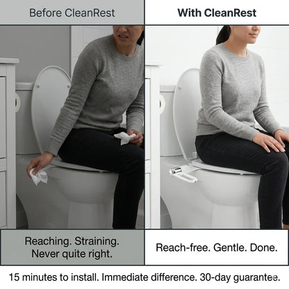 Before and after comparison of a person using a toilet with CleanRest, showing ease of use and comfort.