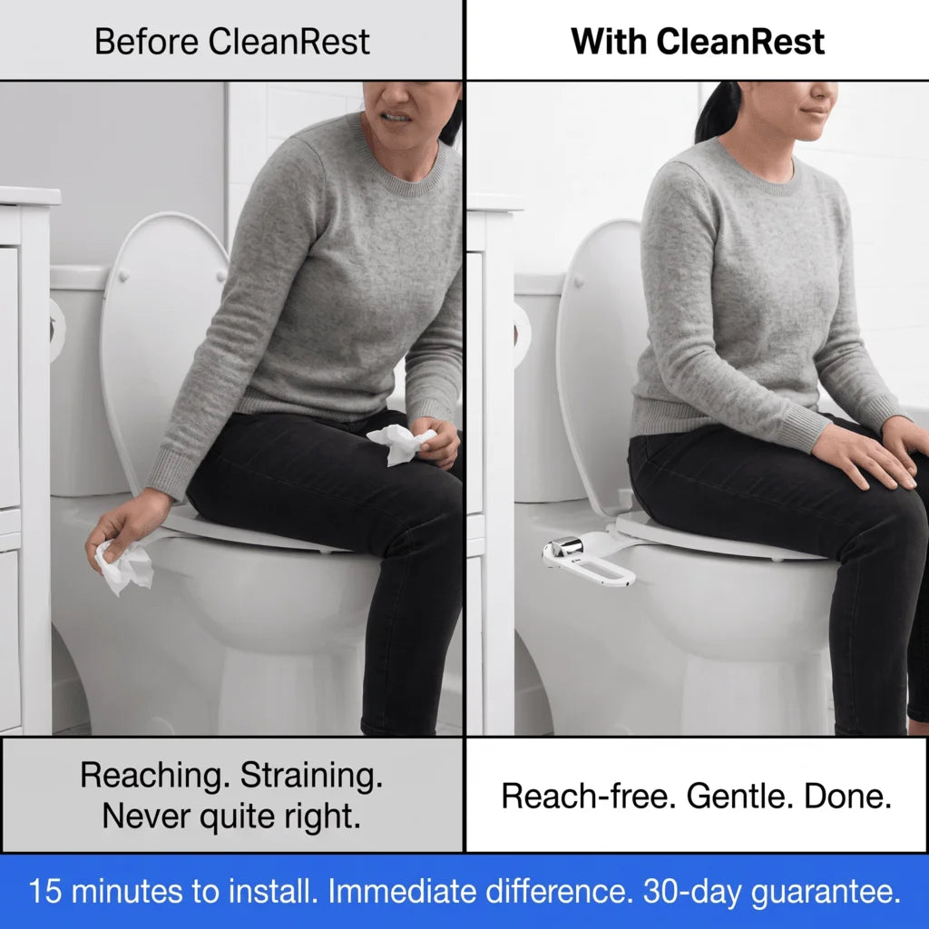 Before and after comparison of using toilet paper versus the CleanRest Duo bidet attachment, highlighting the shift from straining and reaching to comfortable, reach-free hygiene.
