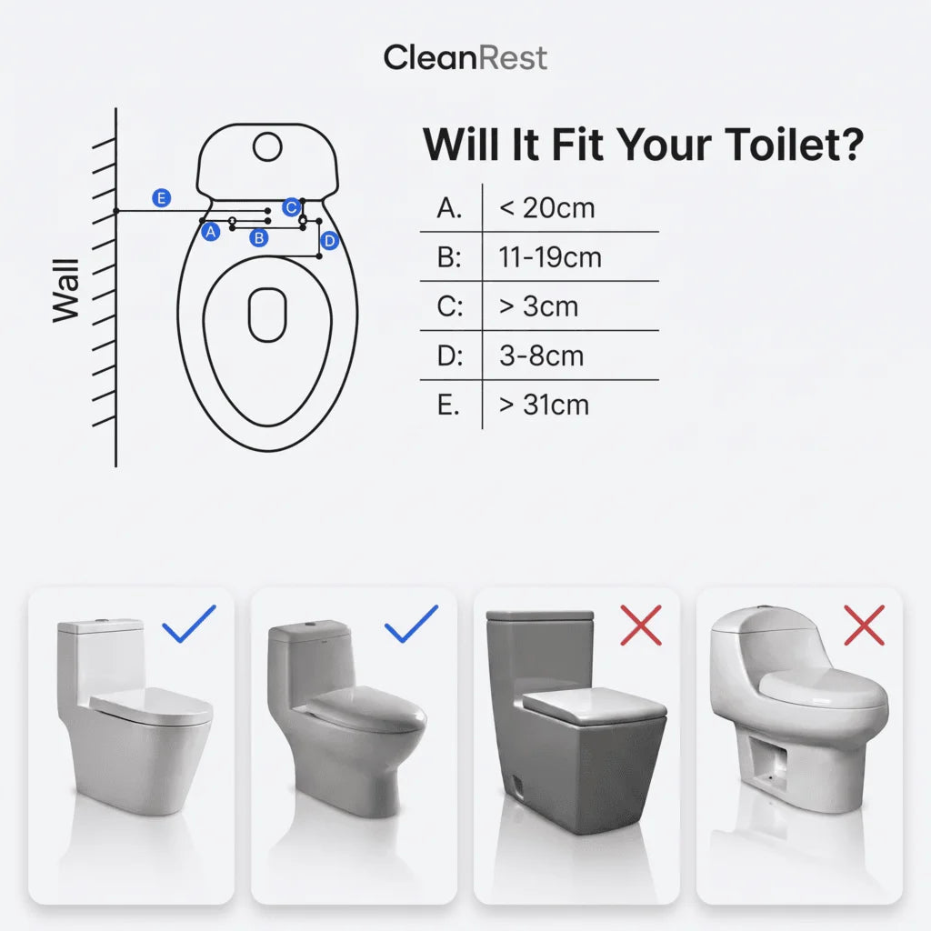 CleanRest Duo bidet attachment toilet compatibility guide showing required dimensions and supported toilet seat styles