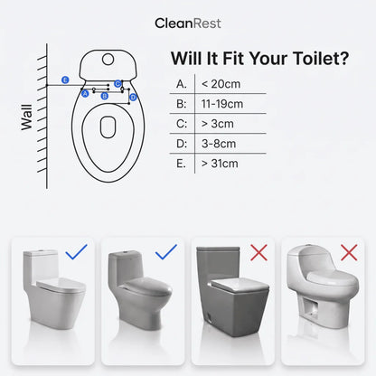 CleanRest Duo bidet attachment toilet compatibility guide showing required dimensions and supported toilet seat styles