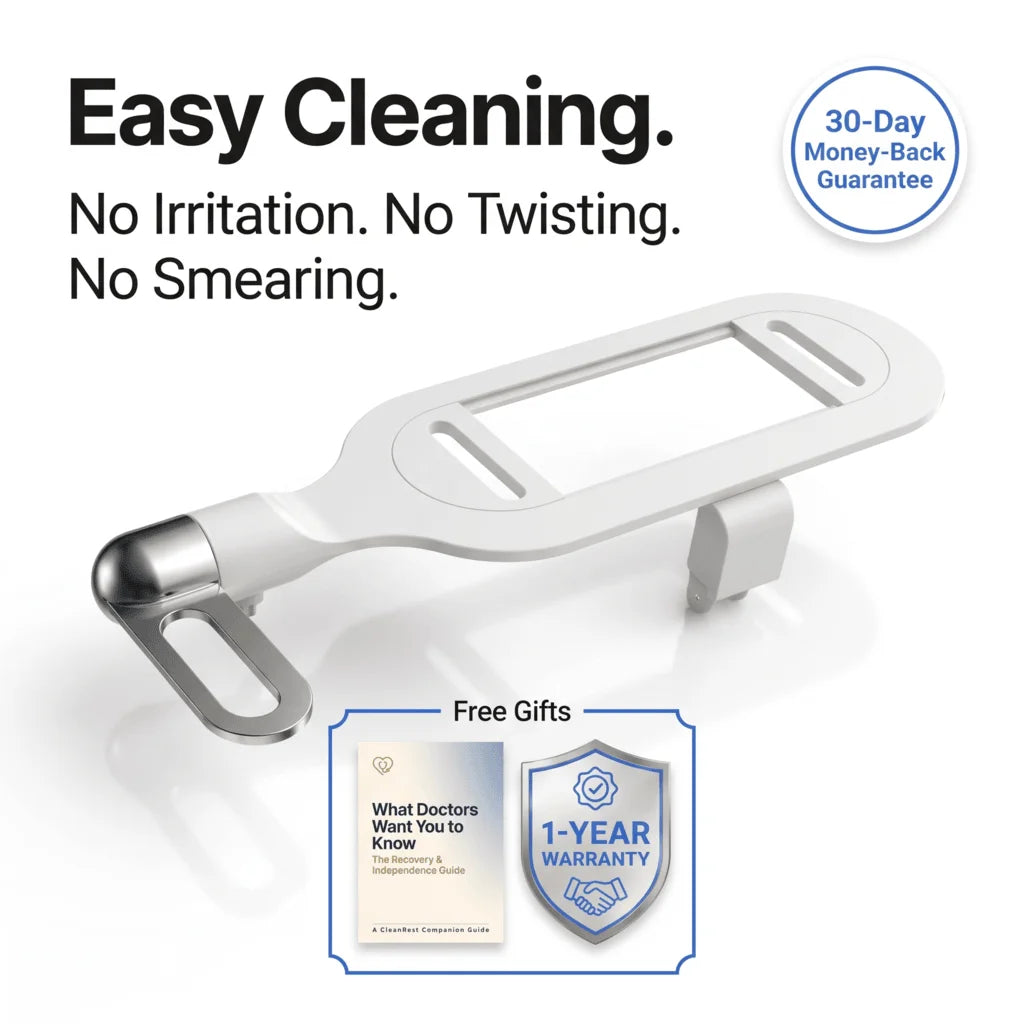 CleanRest Duo ultra-slim non-electric bidet attachment designed for easy cleaning with no twisting or irritation, featuring a 30-day guarantee and free medical guide.