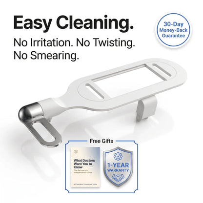 CleanRest Duo ultra-slim non-electric bidet attachment designed for easy cleaning with no twisting or irritation, featuring a 30-day guarantee and free medical guide.